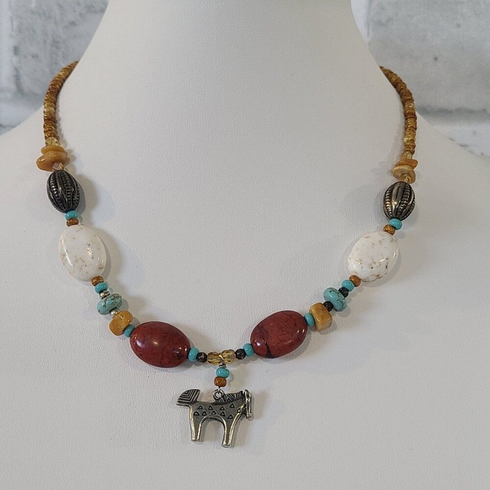 Bohemian Stone Beaded Pewter Zebra Statement Necklace Boutique